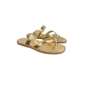 Paige Dianne Flat Sandals Gold Leather Open-Toe Criss-Cross Strap Slides 8.5 NEW